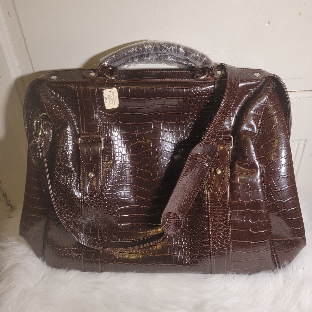 Vtg Brown Crocodile Embossed Bag/Weekender/Work NWTS